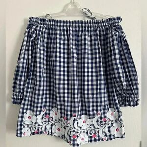 Sophie Catalou Plaid Off Shoulder Blouse | Size 12 | Blue and White| Embroidered
